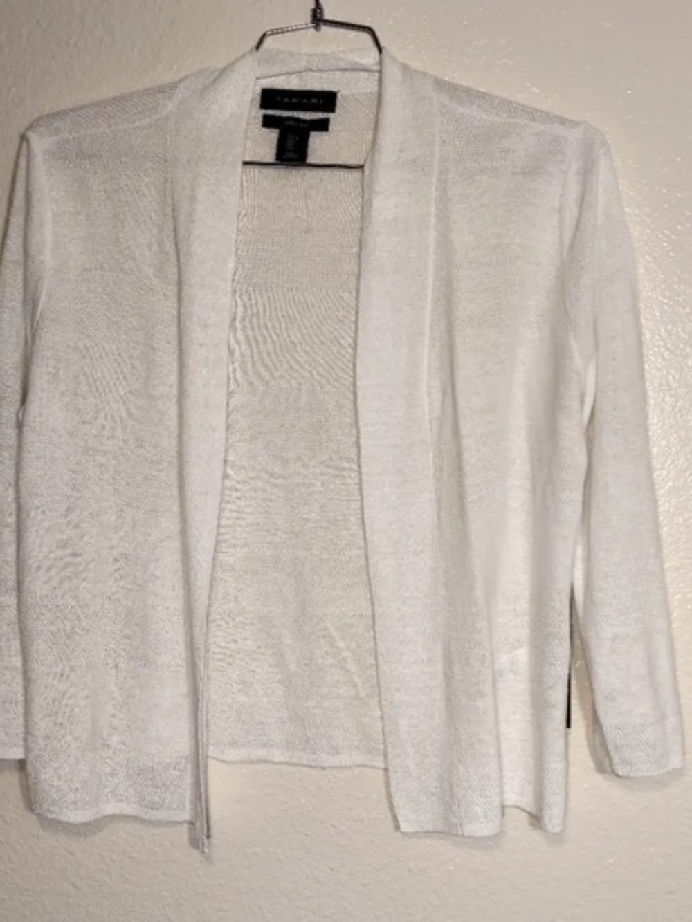 Tahari Cropped 3/4 Sleeve 100% White Linen Open Front Cardigan